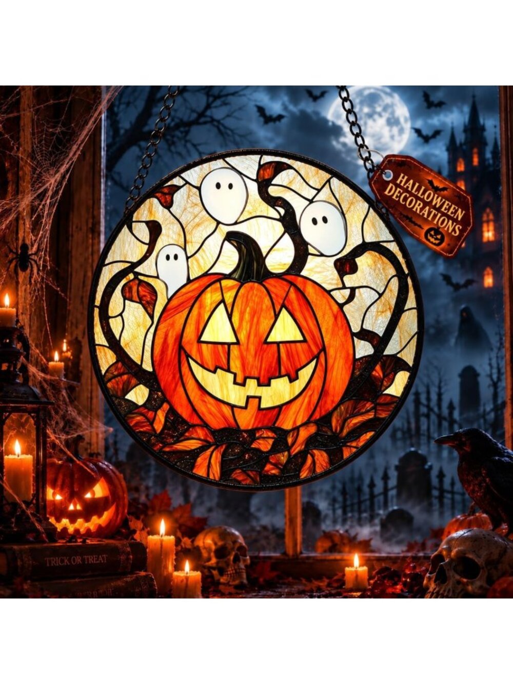 Spooky Stained Glass Halloween Suncatcher - Evil Pumpkin Window Decor